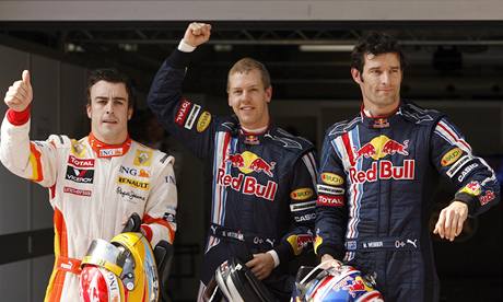 Zleva: Fernando Alonso, Sebastian Vettel a Mark Webber.