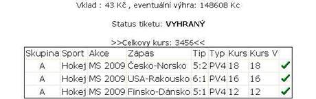 Tiket, na kter�m s�zka� uhodl t�i p�esn� v�sledky