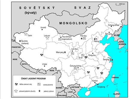 Mapa hlavních čínských atomových středisek