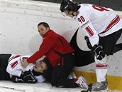 USA - výcarsko: zranný výcar Julien Sprunger, kterého atakoval Amerian David Backes.