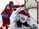 Rusko - Kanada: ruský útoník Oleg Saprykin slaví gól, branká Roloson smutní