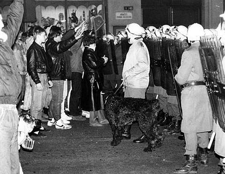 Lid pi demonstraci v Teplicch ukazuj policistm hol ruce