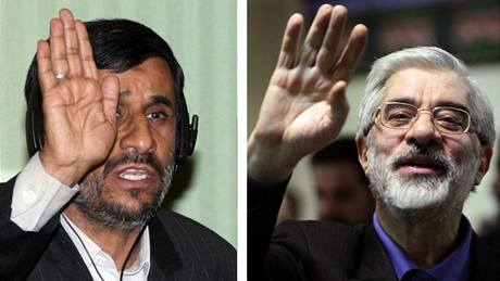 Favorité íránský prezidentských voleb Mahmúd Ahmadíneád (nahoe vlevo), Mír Hosejn Músáví (nahoe vpravo), Mahdí Karrúbí (dole vlevo) a Mohsen Rezáí (dole vpravo)