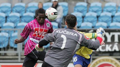 eské Budjovice - Teplice: domácí Fernando Hudson (ve fialovém) hlavikuje ped svým brankáem Pavlem Kuerou