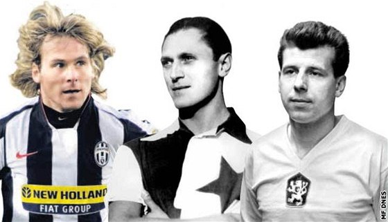 Ti velikáni eského fotbalu: zleva Pavel Nedvd, Josef Bican a Josef Masopust