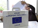 Sedmadevadesátiletý Rudolf Gregus ze slovenského Makova vhazuje volební lístek do mobilní urny (6. ervna 2009)