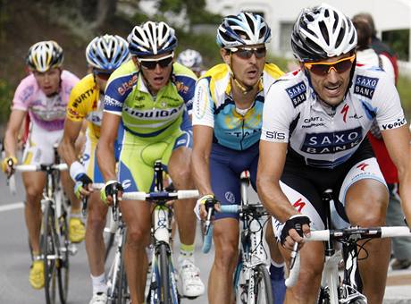 Pedposledn etapa zvodu Kolem vcarska: Cancellara, Klden, Kreuziger, Valjavec a Martin (zprava)
