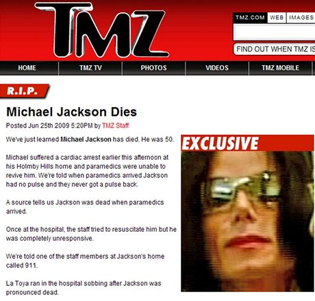 Zpravodajství portálu TMZ.com o úmrtí Michaela Jacksona