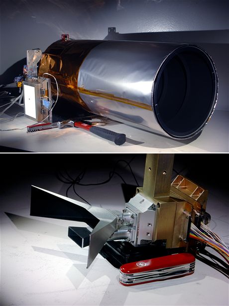 Photographs one of the narrow angle cameras ( top ) and the wide angle camera system ( bottom ) for Lunar Reconnaissance Orbiter Camera Investigation