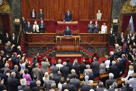 Francouzsk prezident Nicolas Sarkozy na historickm setkn s obma komorami parlamentu (22. ervna 2009)