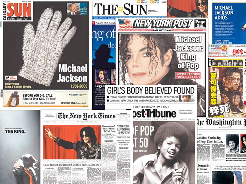 Titulní strany svtových novin informující o úmrtí Michaela Jacksona