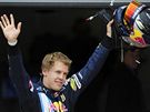 Sebastian Vettel se raduje po získání pole position v kvalifikaci na Velkou cenu Velké Británie