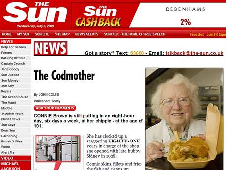 Connie Brownová na internetových stránkách deníku The Sun