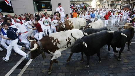 Prvního úprku ped býky se v ulicích Pamplony zúastnily dva tisíce lidí (7. ervence 2009)