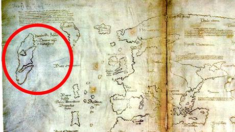 Vinlandská mapa z poloviny 15. století zejm ukazuje kanadský ostrov Newfoundland (oznaený detail)