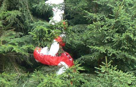 Padk paraglidisty, kter uvzl na stromech na vrchu Svatobor u Suice