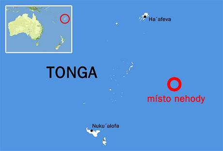 Mapa msta nehody potopenho trajektu u souostrov Tonga v Tichm ocenu.