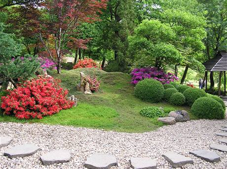 Zahrada v japonskm stylu. Azalky, ervenolist japonsk javor, tvarovan stromy, cesta z oblzk...