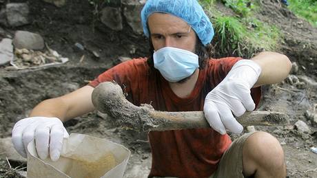 Archeologové musí kvli plánovaným odbrm vzork DNA pouívat pi práci rouky, rukavice a síky na vlasy. (6. 7. 2009)