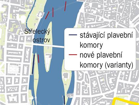 Mapa plavebnch komor v Praze na Vltav.