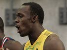 Usain Bolt (ve lutém) v cíli mezibhu na 100 metr pi MS v Berlín