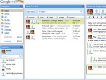 Google Wave - zkladn rozloen aplikace s otevenou aktivn "wave" v prav sti. Zelen a fialov popiska ukazuje v relnm ase, co kolegov p.