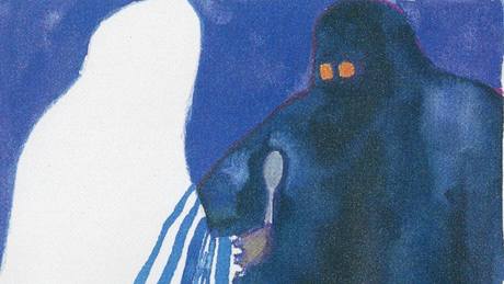 Mark Podwal: Rabi Löw se svící a Golem, kresba tukou, akvarel, 1997. idovské muzeum v Praze