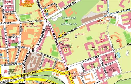 Mapa Prahy, ulice Apolinsk a Na Slupi.