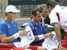 Tomá Berdych (vlevo) a Radek tpánek v konzultaci s daviscupovým kapitánem Jaroslavem Navrátilem