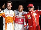 Velká cena Itálie: vítz kvalifikace Lewis Hamilton (uprosted), druhý Adrian Sutil (vlevo) a tetí Kimi Räikkönen