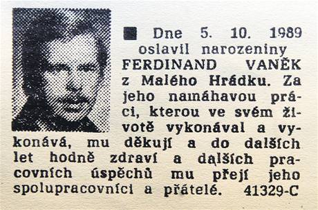 Blahopn k narozeninm Vclava Havla otitn v Rudm prvu 5. jna 1989.