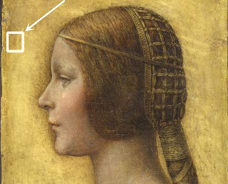 Da Vinciho portrét mladé dívky, který byl povaován za bezvýznamné dílko. ipka oznauje otisk mistrova prstu.