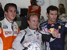 Adrian Sutil (vlevo), Rubens Barrichello (urposted) a Mark Webber 