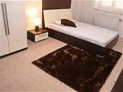 Svtlý celoploný koberec vedle postele dopluje tmav hndý kusový, který je sladn s rámem postele ze deva wengé