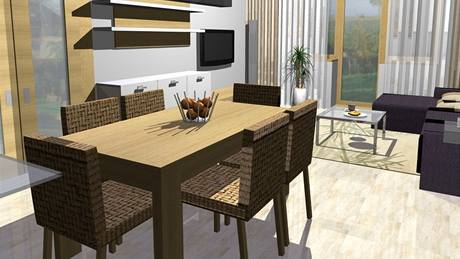 Obývací prostor s kuchyským koutem od sebe dlí masivní jídelní stl