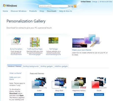 Strnky Microsoftu s tmaty a doplky pro Windows 7