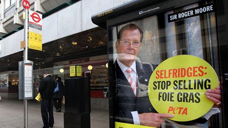 Sir Roger Moore z plakát vyzývá k zastavení prodeje kachní a husí patiky.