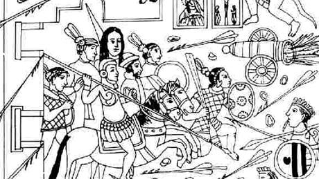 Boj panl (a moná i Bergera) s Aztéky, jak ho zachytil tlaxcalský kreslí. Domorodí Tlaxcalané byli spojenci panl.