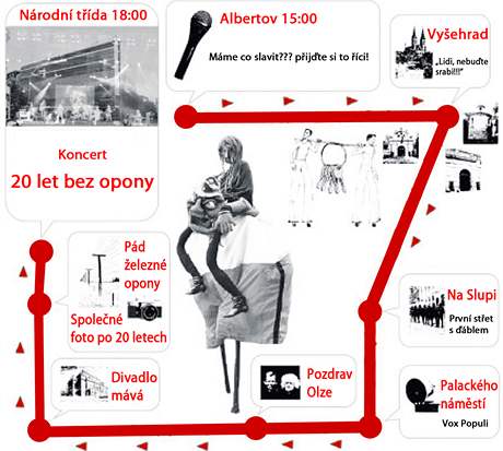 Mapa a program pochodu z Albertova na Národní tídu.