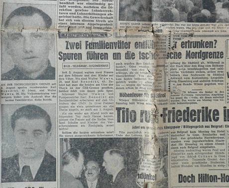 „Dva otcové rodin uneseni nebo utopeni? Stopy vedou k vraždě na české hranici.“ Velký článek na první stránce rakouských novin Bild-Telegraf z 9. října 1956. 