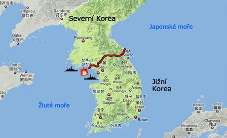 Mapa demilitarizovan zny mezi Severn a Jin Koreou.