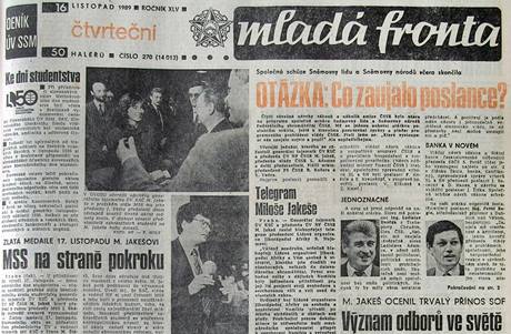 Titulní strana Mladé Fronty ze tvrtka 16. listopadu 1989