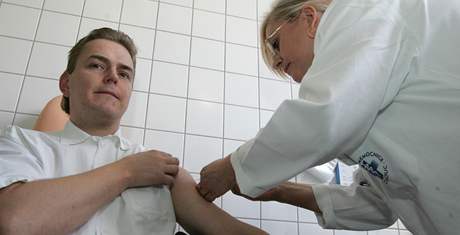 Helena Vildová, lékaka Kliniky pracovního lékaství Fakultní nemocnice v Olomouci okuje první zamstnance nemocnice látkou proti takzvané praseí chipce (23. 11. 2009)