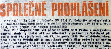 Spolen prohlen, Mlad fronta 20. listopadu 1989