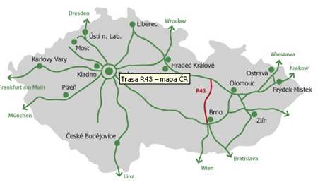 Trasa rychlostní silnice R43 na mapě České republiky.
