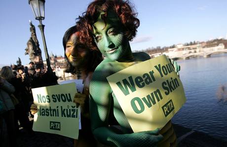 Na protest proti používání kožešin, kůže a vlny v módním průmyslu se u pražského Karlova mostu svlékly pouze do kalhotek aktivistiky z organizace Lidé pro etické zacházení se zvířaty (7. 12. 2009) 
