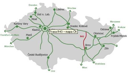 Trasa rychlostn silnice R43 na map esk republiky.