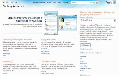 Strnka s aplikacemi Windows Live 