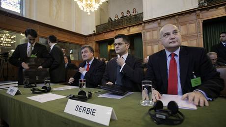 Srbská delegace pi projednávání legality kosovské nezávislosti v Haagu