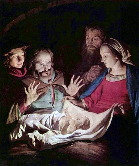 Jeíovo narození na obraze ze 17. století od Gerarda van Honthorsta